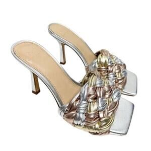 Marc Fisher LTD Sandals Size 5 Silver Slip On Draya Woven Square Toe‎ Heels